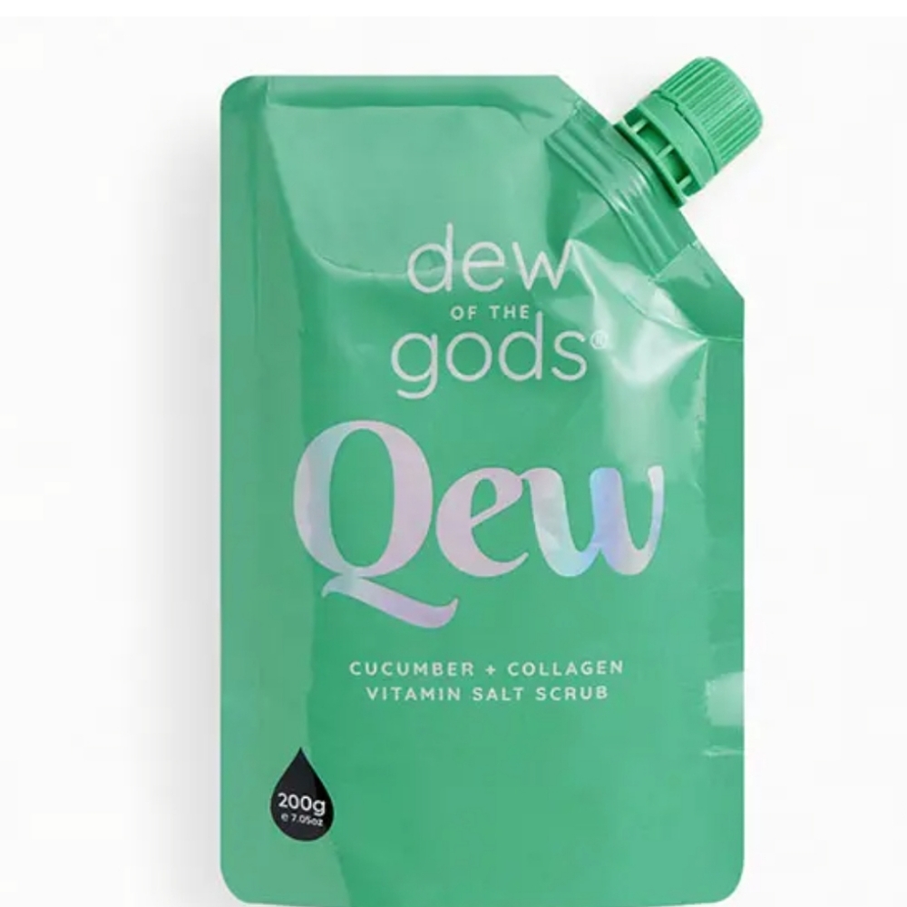 DEW OF THE GODS QEW CUCUMBER + COLLAGEN VITAMIN SALT SCRUB.